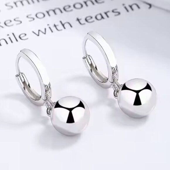 Silver Ball Dangle Huggie Earrings. 925 Sterling Silver. #1129 - Picture 2 of 3